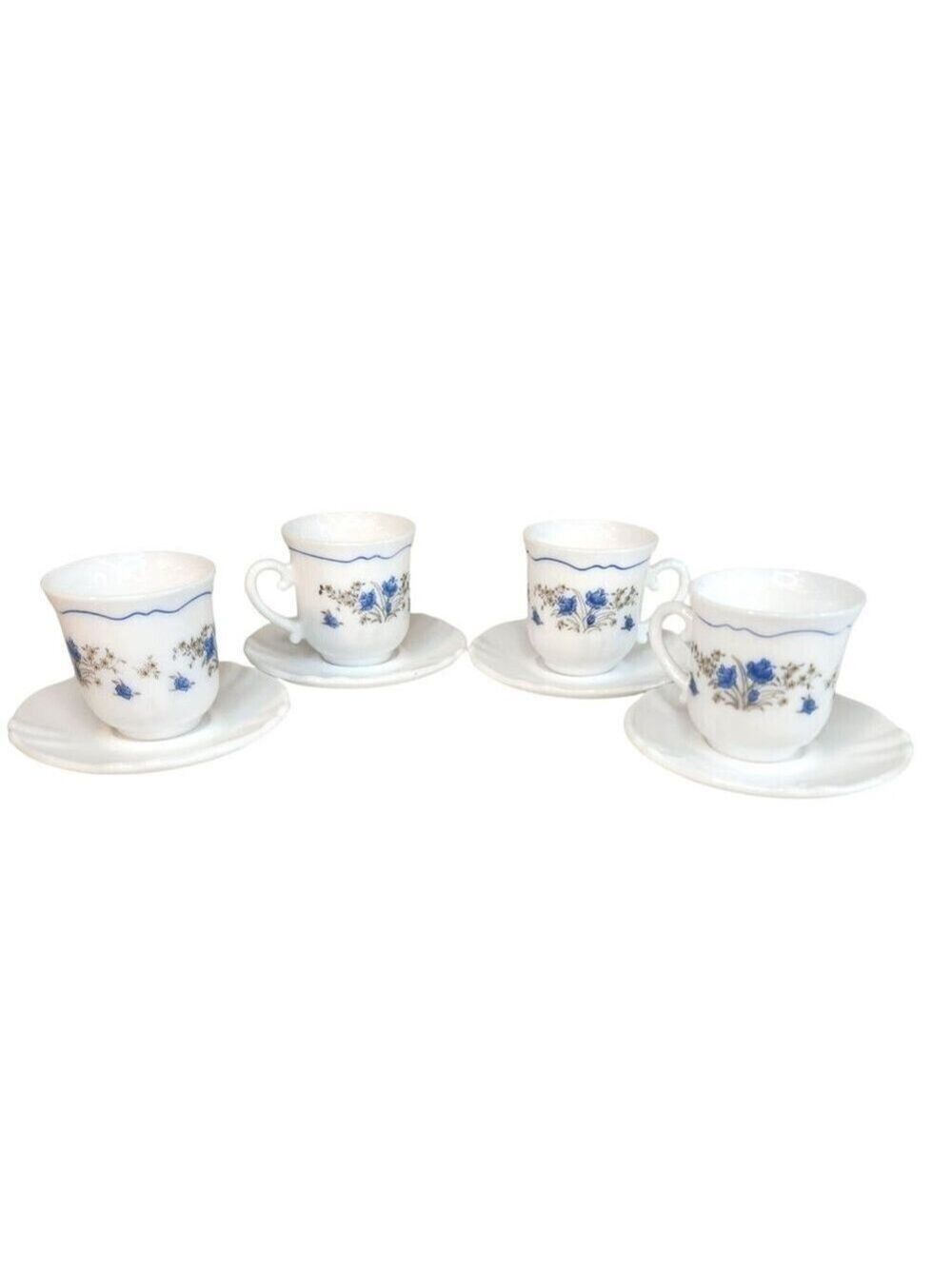 Arcopal France Demitasse Cups & Saucers Set Of 4 White With Blue Floral Design